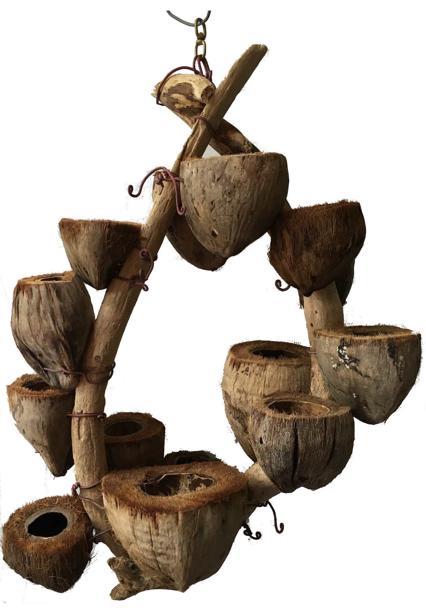 CocoDrifter - Kailua Beach Driftwood and coconut husk hanging planter sculpture